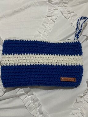 Handmade Blue & White Crochet Wristlet Pouch